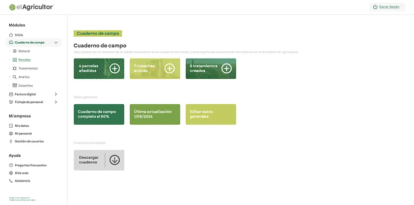 Pantalla del cuaderno de campo digital de El Agricultor